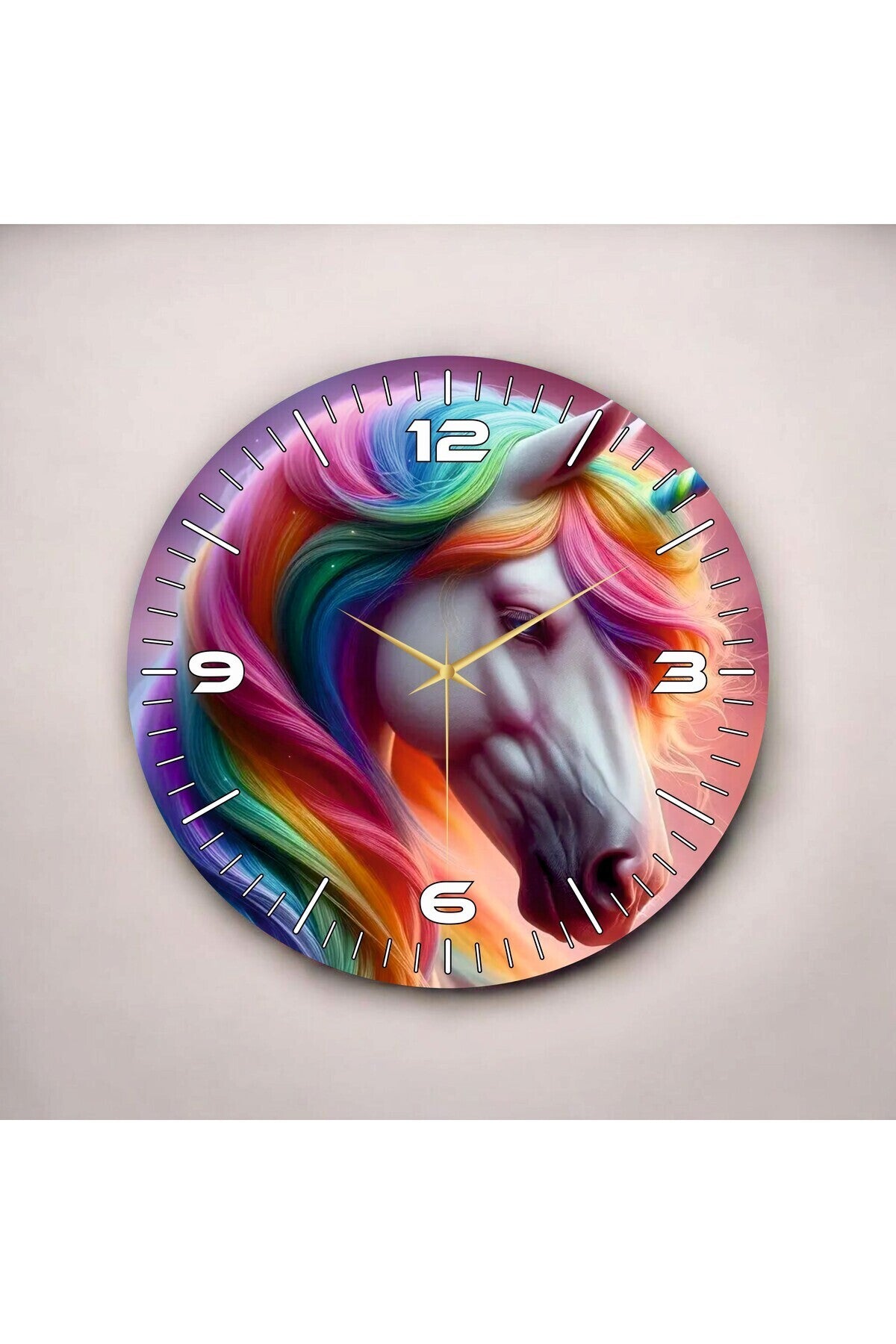 Renkli Baskı At Desenli Sayılı Hediyelik Ahşap Sessiz Tablo Duvar Saati