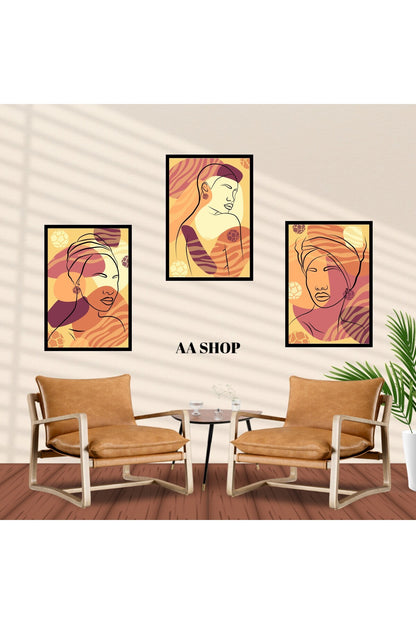 3 Parça Kadın Çiçek Renkli Solmaz Kaliteli Baskı Çerçeve Görünümlü MDF Tablo Set 45