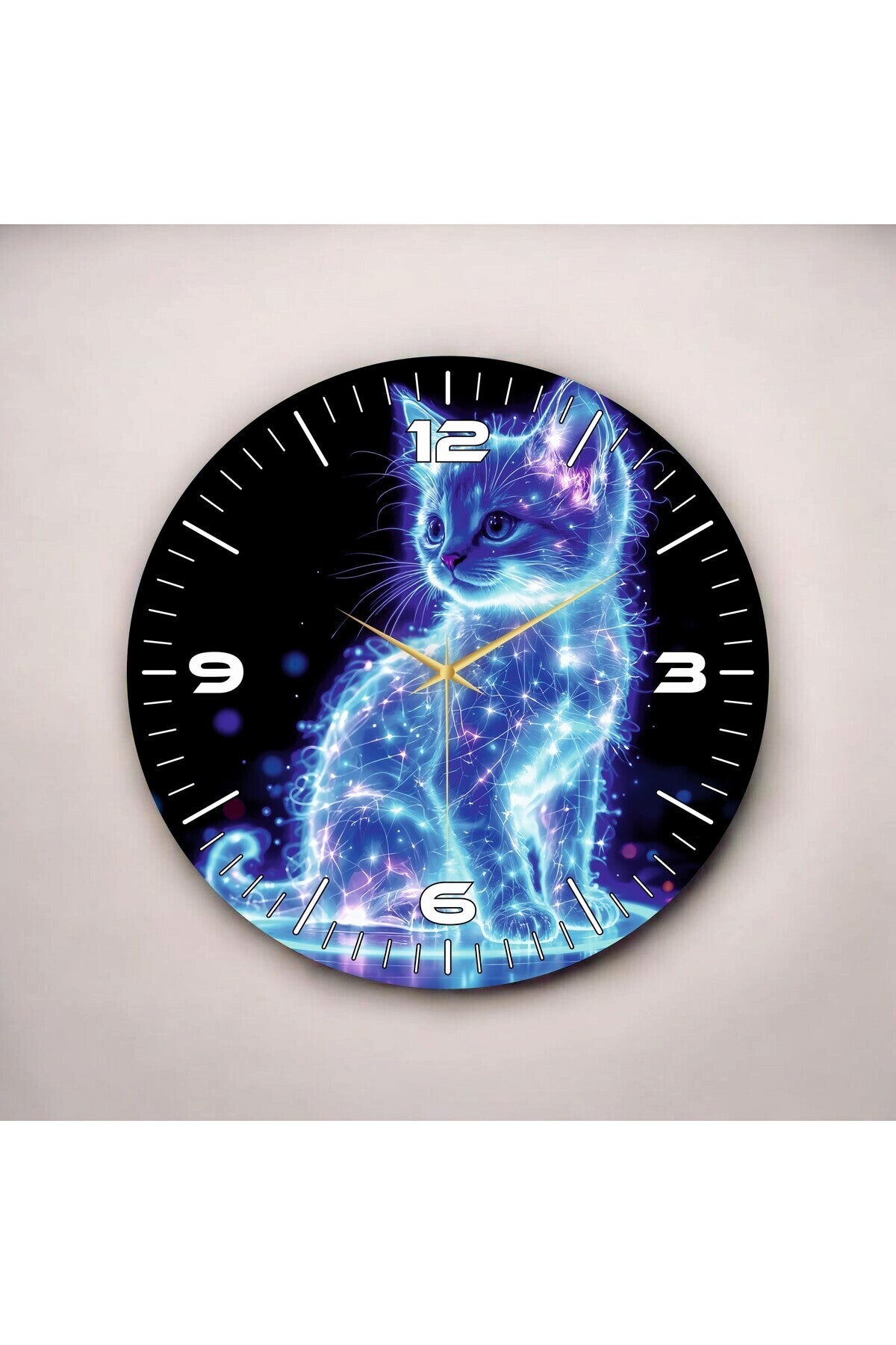 Uzay Kedisi Renkli Baskı Desenli Sayılı Hediyelik Ahşap Sessiz Tablo Duvar Saati