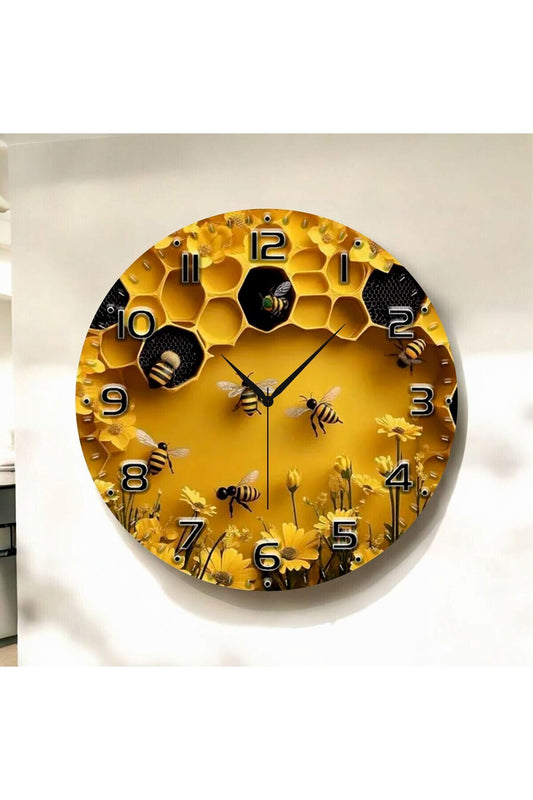 Kabartma Görünümlü Renkli Baskı Arı Desenli Sayılı Hediyelik Ahşap Sessiz Tablo Duvar Saati