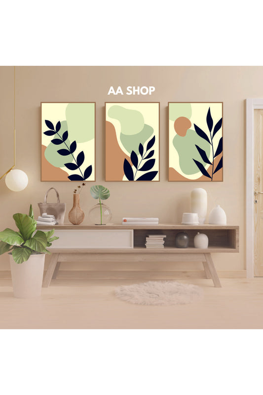 3 Parça Çiçek Yaprak Renkli Solmaz Kaliteli Baskı Çerçeve Görünümlü MDF Tablo Set 57