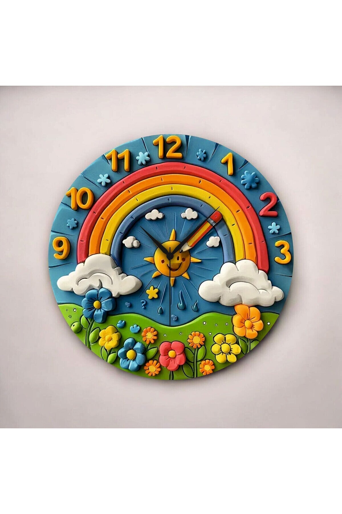 Renkli Baskı Güneş Doğa Çocuk Desenli Sayılı Hediyelik Ahşap Sessiz Tablo Duvar Saati 50cm