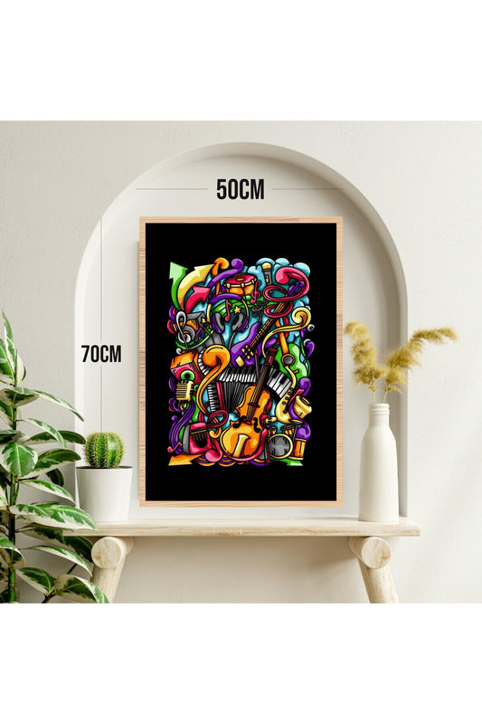 Müzik Büyük Boy Renkli Solmaz Kaliteli Baskı Çerçeve Görünümlü MDF Tablo 70x50cm 251