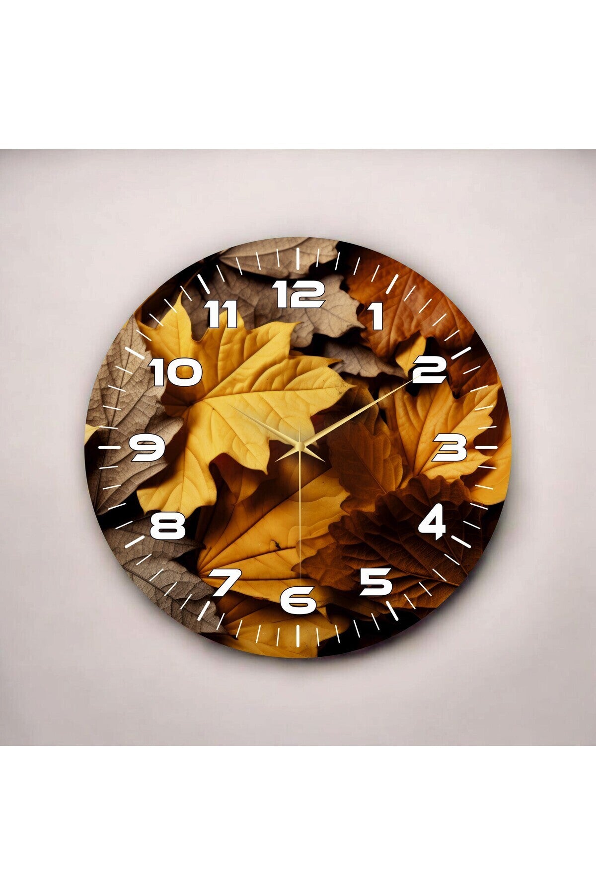 Sarı Kahve Renkli Yaprak Baskı Desenli Sayılı Hediyelik Ahşap Sessiz Tablo Duvar Saati
