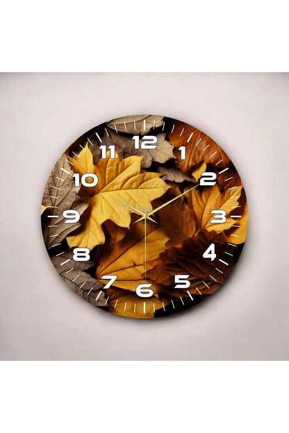 Sarı Kahve Renkli Yaprak Baskı Desenli Sayılı Hediyelik Ahşap Sessiz Tablo Duvar Saati