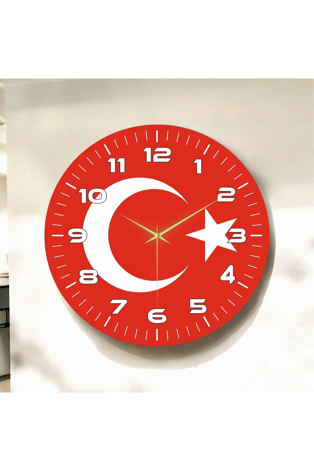 Sade Kırmızı Renkli Baskı Türk Bayrağı Desenli Sayılı Hediyelik Ahşap Sessiz Tablo Duvar Saati