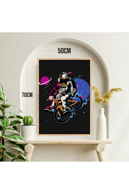 Astronot Bisiklet Uzay Büyük Boy Renkli Solmaz Kaliteli Çerçeve Görünümlü MDF Tablo 70x50cm 199