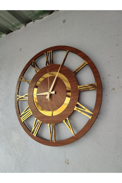 Siyah ve Ceviz Renk Gold Sayılı Hediyelik Ahşap Dekoratif Farklı Desenli Ev Duvar Saati 50cm