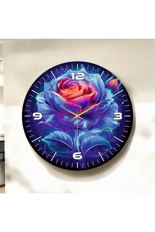 Çiçek Gül Renkli Baskı Desenli Sayılı Hediyelik Ahşap Sessiz Tablo Duvar Saati