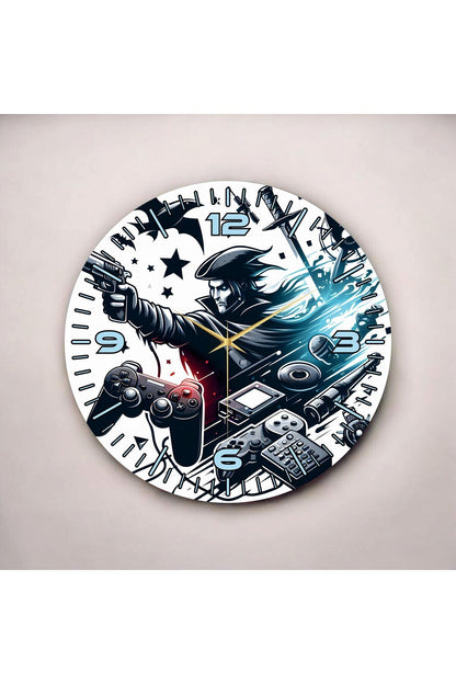 Siyah Beyaz Renkli Baskı Game ve Oyun Konsolu Desenli Sayılı Hediyelik Ahşap Sessiz Duvar Saati