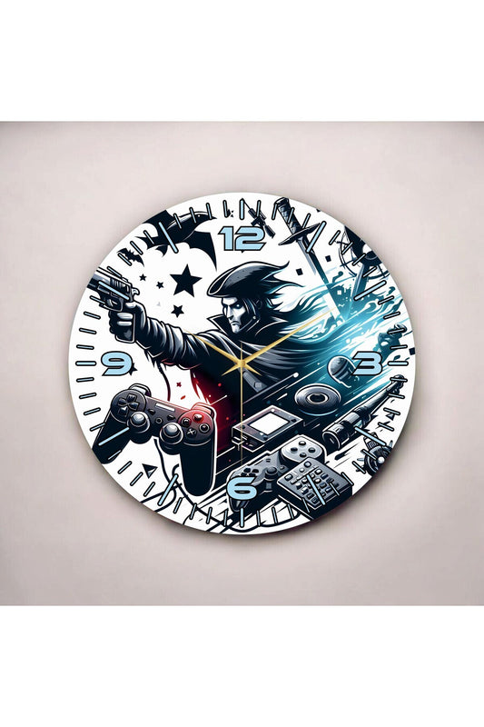 Siyah Beyaz Renkli Baskı Game ve Oyun Konsolu Desenli Sayılı Hediyelik Ahşap Sessiz Duvar Saati