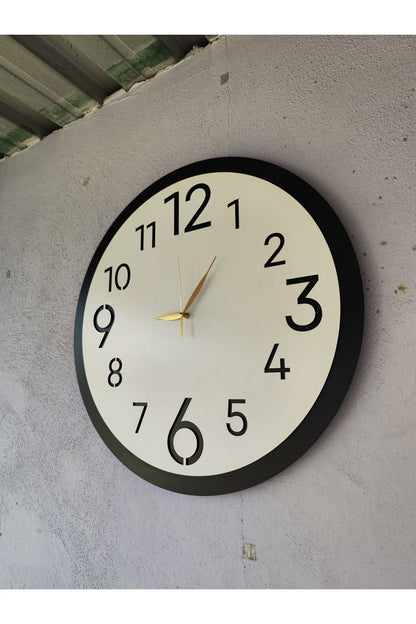 Ahşap Siyah Beyaz Renk Sade Sayılı Hediyelik Sessiz Duvar Saati 50cm
