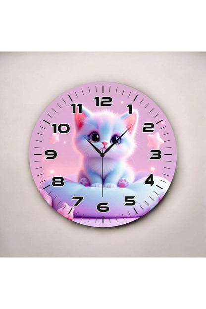 Yavru Kedi Pembe Renkli Baskı Desenli Sayılı Hediyelik Ahşap Sessiz Tablo Duvar Saati