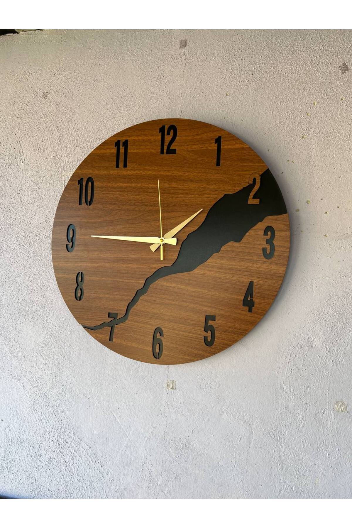 Ahşap Siyah Ceviz Mobilya Renk Desenli Hediyelik Sessiz Duvar Saati 50cm