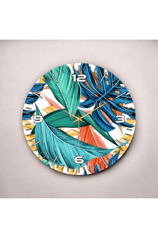 Renkli Baskı Yaprak Çiçek Desenli Sayılı Hediyelik Ahşap Sessiz Tablo Duvar Saati