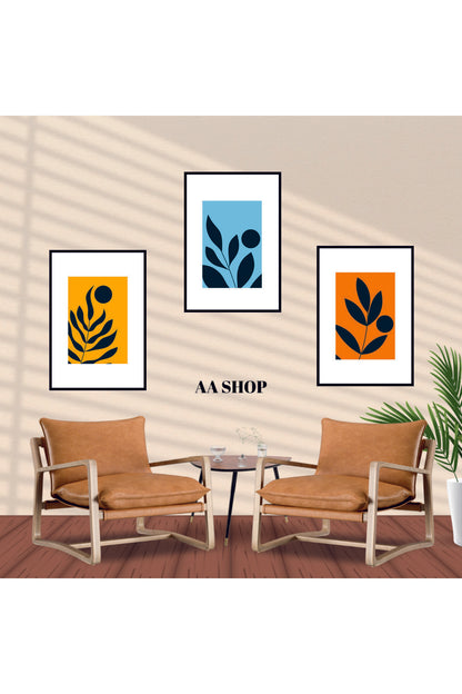 3 Parça Çiçek Yaprak Renkli Solmaz Kaliteli Baskı Çerçeve Görünümlü MDF Tablo Set 60