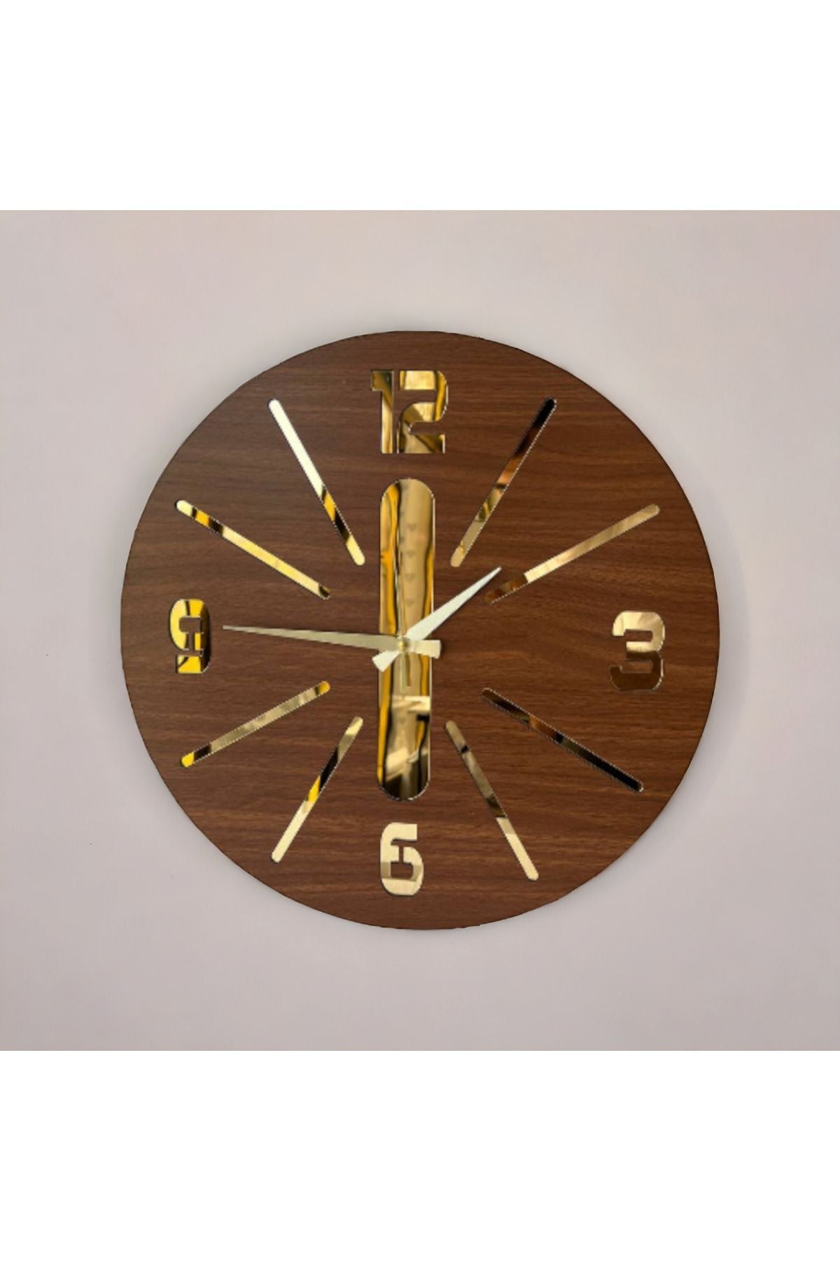 Ceviz Gold Renk Hediyelik Ahşap Aynalı Dekoratif Çizgili Farklı Desenli Duvar Saati 50cm