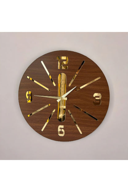 Ceviz Gold Renk Hediyelik Ahşap Aynalı Dekoratif Çizgili Farklı Desenli Duvar Saati 50cm