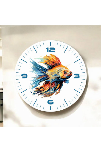 Renkli Baskı Balık Hayvan Desenli Sayılı Hediyelik Ahşap Sessiz Tablo Duvar Saati