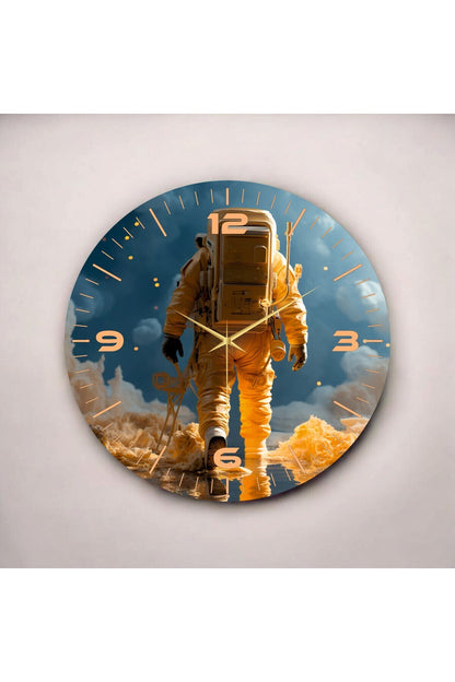Renkli Baskı Uzay Astronot Desenli Sayılı Hediyelik Ahşap Sessiz Tablo Duvar Saati