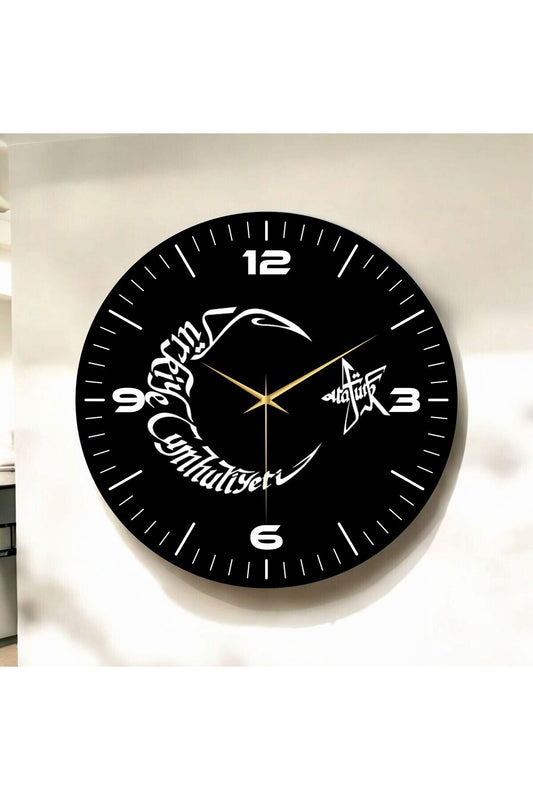 Renkli Baskı Ay Yıldız Atatürk Yazı Desenli Sayılı Hediyelik Ahşap Sessiz Tablo Duvar Saati