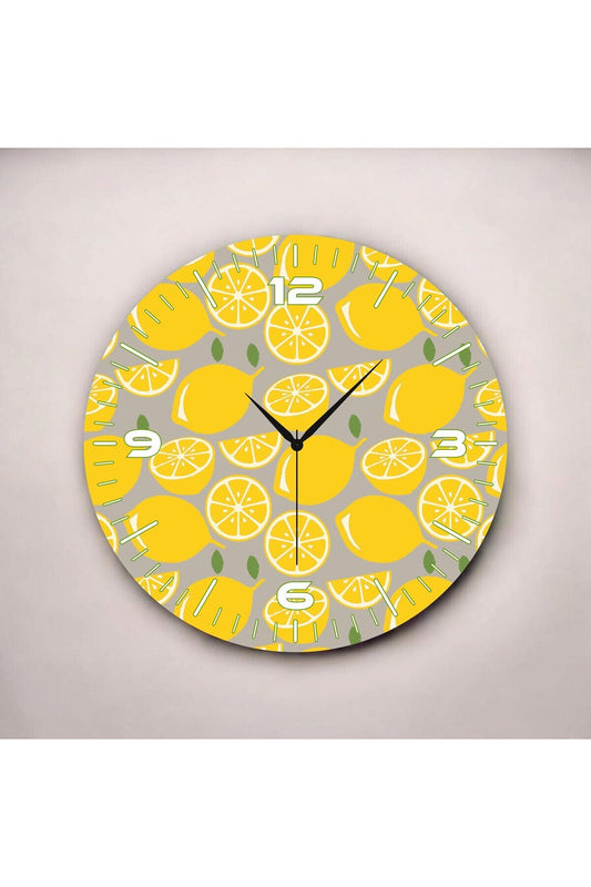 Sarı Renkli Baskı Limon Desenli Sayılı Hediyelik Ahşap Sessiz Tablo Duvar Saati 50cm