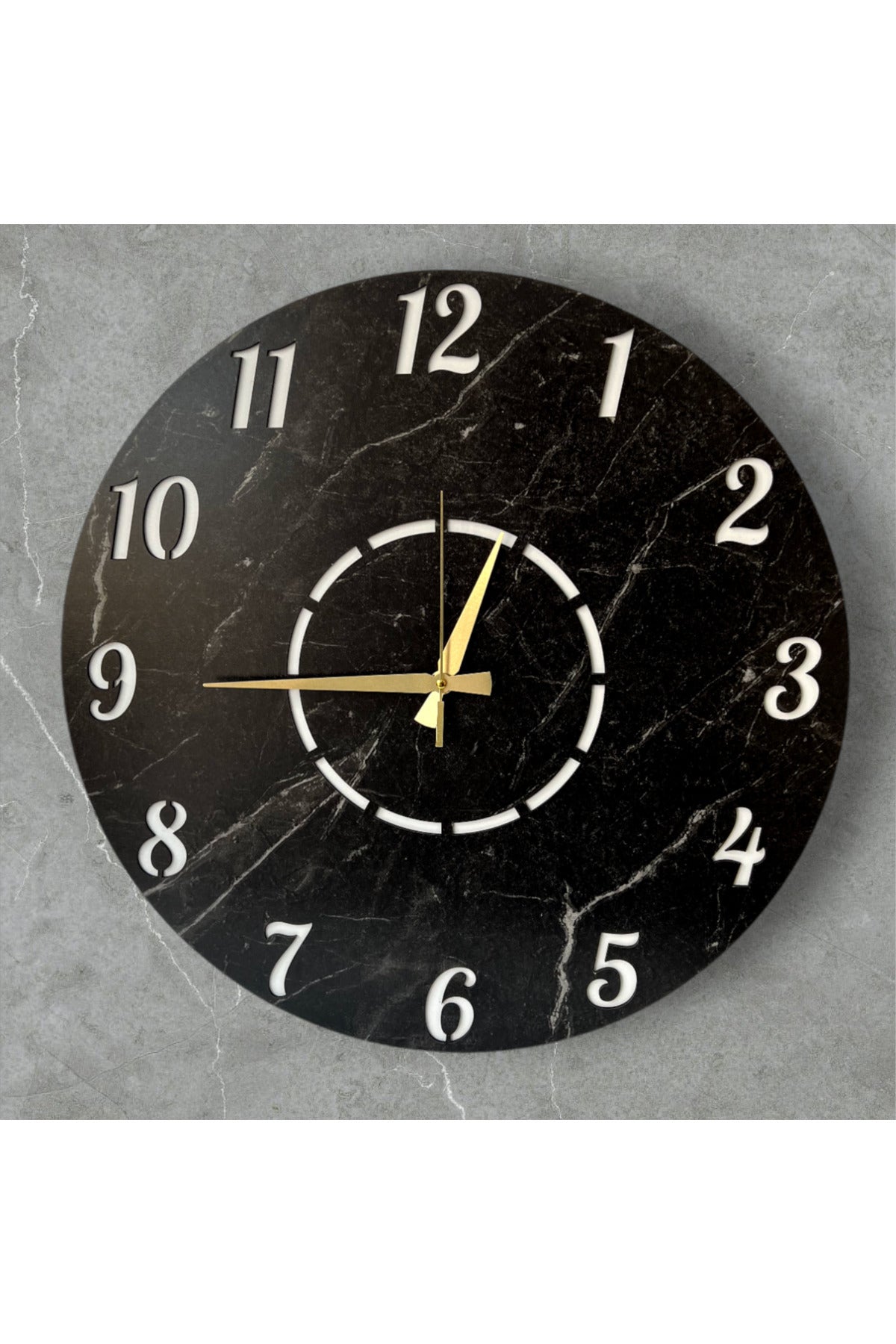 Mermer Desenli Ahşap Siyah Sade Modern Sayılı Salon Ofis Hediyelik Büyük Boy Sessiz Duvar Saati 50cm