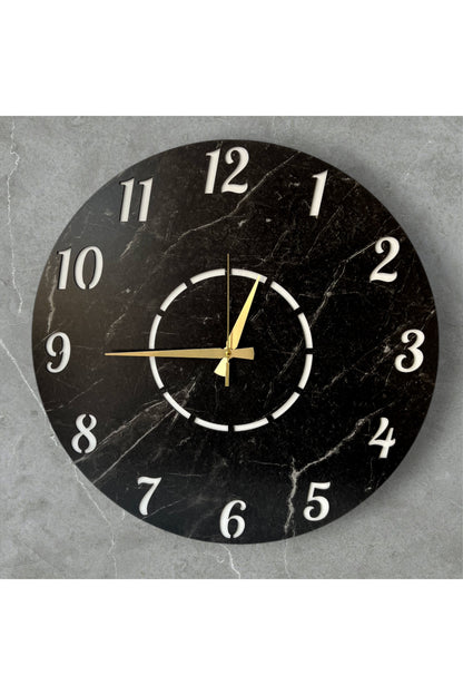 Mermer Desenli Ahşap Siyah Sade Modern Sayılı Salon Ofis Hediyelik Büyük Boy Sessiz Duvar Saati 50cm