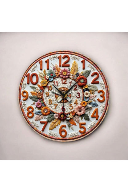 Çiçek Kabartma Görünümlü Renkli Baskı Desenli Sayılı Hediyelik Ahşap Sessiz Tablo Duvar Saati