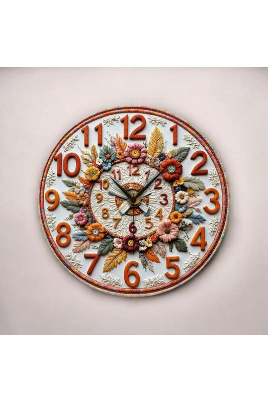 Çiçek Kabartma Görünümlü Renkli Baskı Desenli Sayılı Hediyelik Ahşap Sessiz Tablo Duvar Saati