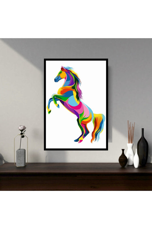 At Hayvan Büyük Boy Renkli Solmaz Kaliteli Baskı Çerçeve Görünümlü MDF Tablo 70x50cm 06