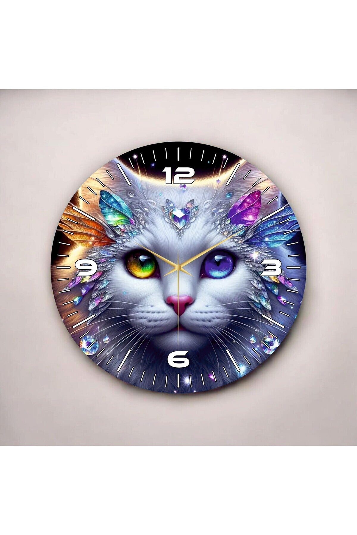 Renkli Baskı Kedi Çocuk Desenli Sayılı Hediyelik Ahşap Sessiz Tablo Duvar Saati 45cm