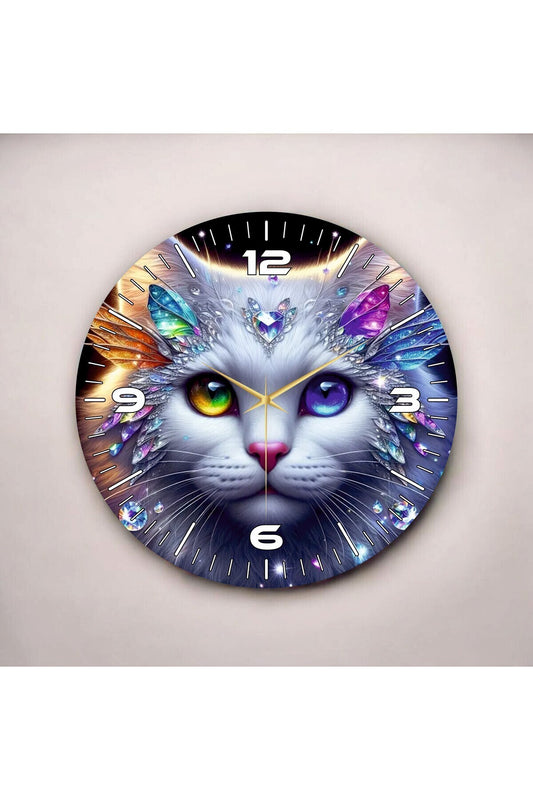 Renkli Baskı Kedi Çocuk Desenli Sayılı Hediyelik Ahşap Sessiz Tablo Duvar Saati 45cm