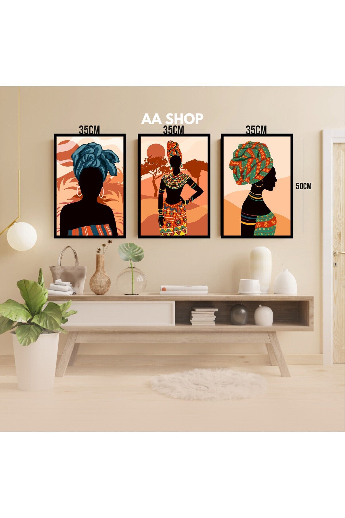 3 Parça Afrika Kadın Renkli Solmaz Kaliteli Baskı Çerçeve Görünümlü MDF Tablo Set 95