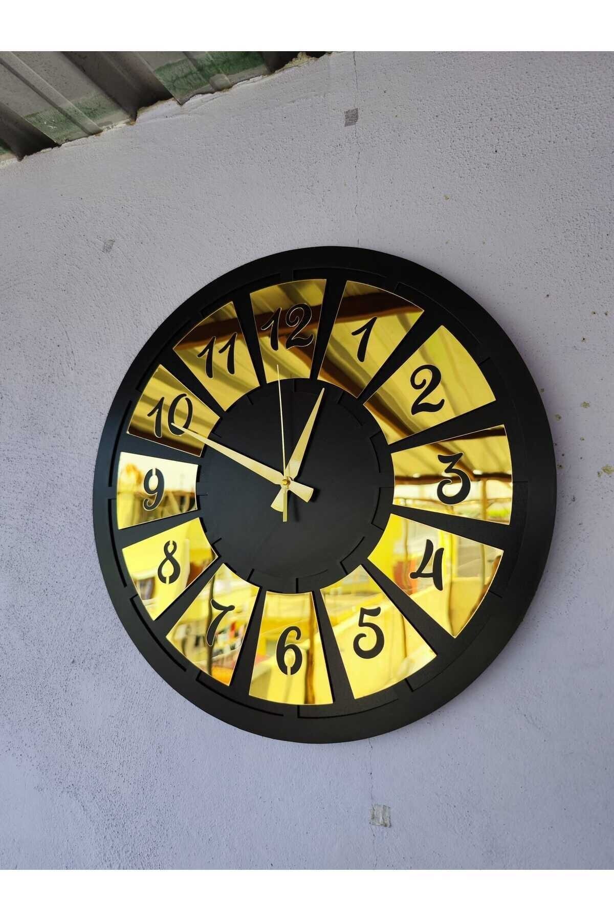 Siyah Renk Gold Sayılı Hediyelik Ahşap Dekoratif Farklı Desenli Ev Hediyelik Duvar Saati 50cm