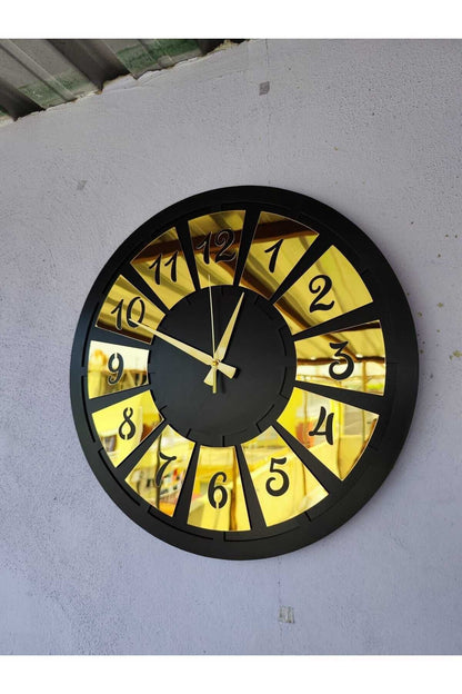 Siyah Renk Gold Sayılı Hediyelik Ahşap Dekoratif Farklı Desenli Ev Hediyelik Duvar Saati 50cm