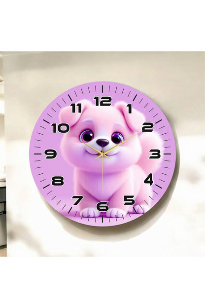 Yavru Köpek Pembe Renkli Baskı Hayvan Desenli Sayılı Hediyelik Ahşap Sessiz Tablo Duvar Saati