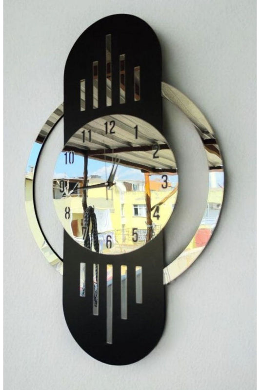 Siyah Renk Gümüş Aynalı Sayılı Hediyelik Ahşap Dekoratif Sessiz Büyük Boy Tablo Duvar Saati 70cm