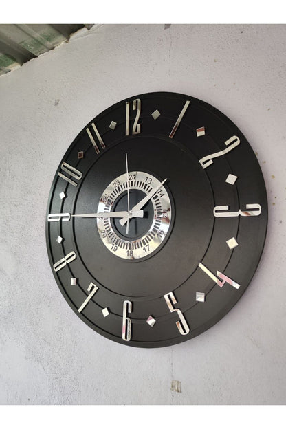 Siyah Renk Gümüş Sayılı Hediyelik Ahşap Dekoratif Farklı Desenli Ev Hediyelik Duvar Saati 50cm