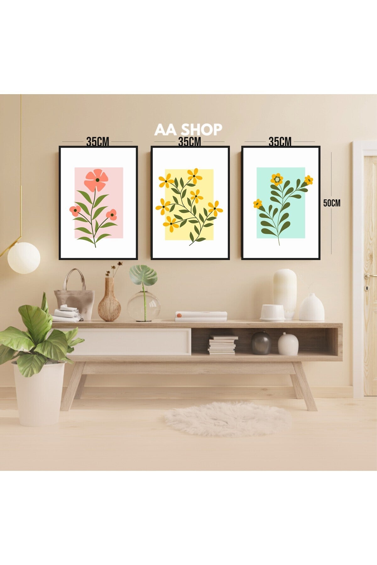 3 Parça Çiçek Yaprak Renkli Solmaz Kaliteli Baskı Çerçeve Görünümlü MDF Tablo Set 52