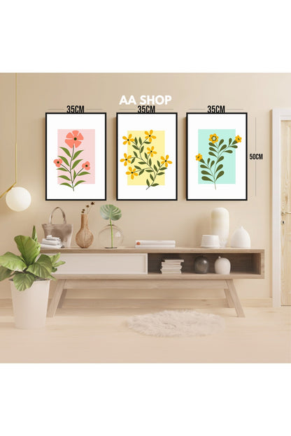 3 Parça Çiçek Yaprak Renkli Solmaz Kaliteli Baskı Çerçeve Görünümlü MDF Tablo Set 52