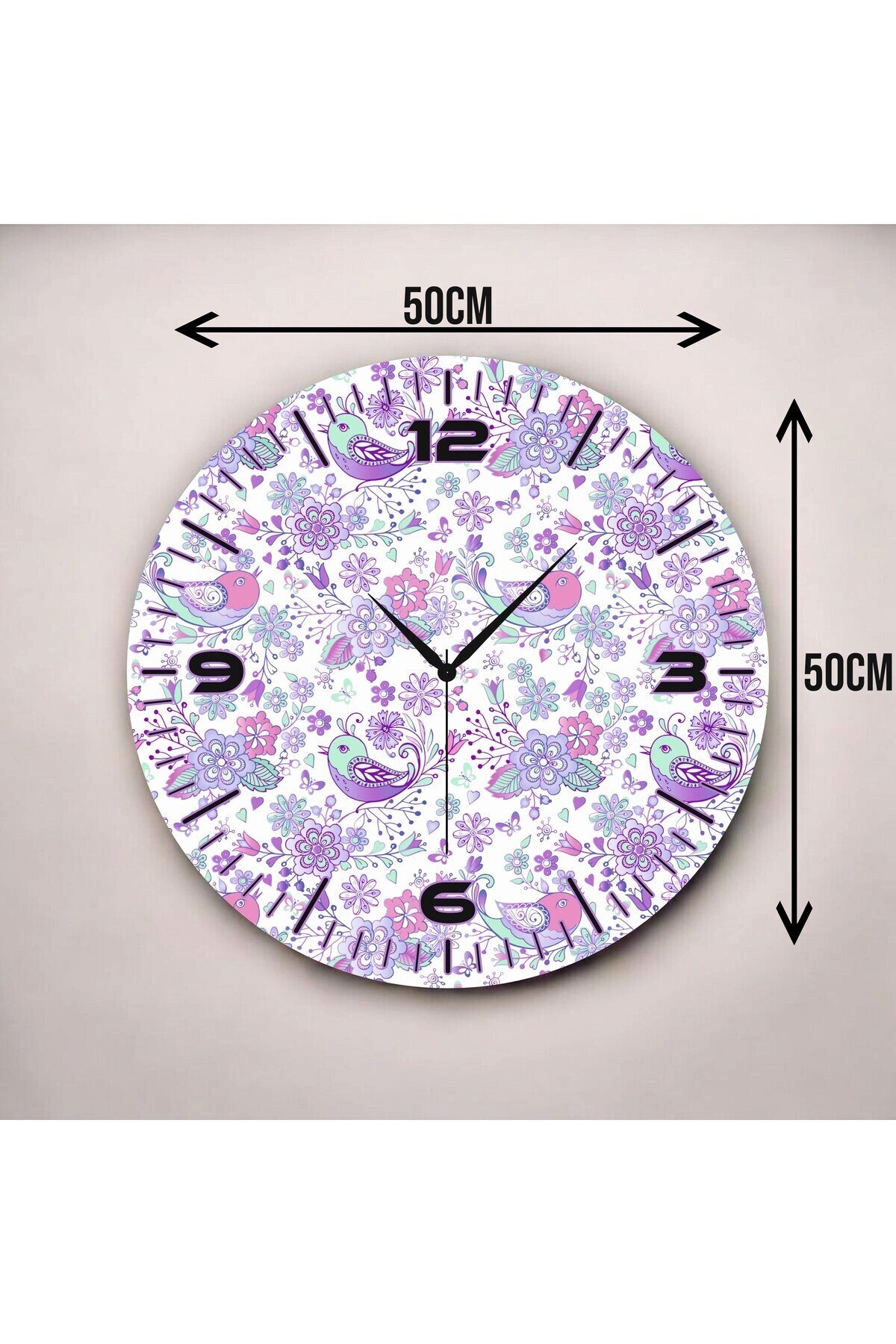 Renkli Baskı Çiçek Kuş Desenli Sayılı Hediyelik Ahşap Sessiz Tablo Duvar Saati