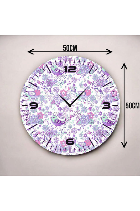 Renkli Baskı Çiçek Kuş Desenli Sayılı Hediyelik Ahşap Sessiz Tablo Duvar Saati