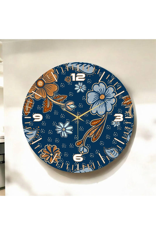Papatyalı Lacivert Renkli Baskı Çiçek Desenli Sayılı Hediyelik Ahşap Sessiz Tablo Duvar Saati
