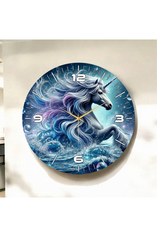 Renkli Baskı At Çocuk Desenli Sayılı Hediyelik Ahşap Sessiz Tablo Duvar Saati