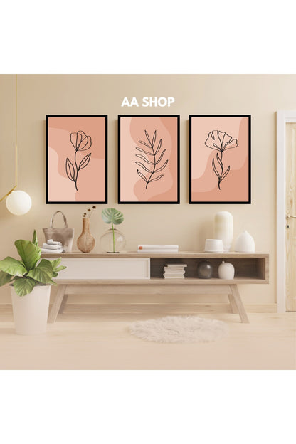 3 Parça Çiçek Yaprak Renkli Solmaz Kaliteli Baskı Çerçeve Görünümlü MDF Tablo Set 10