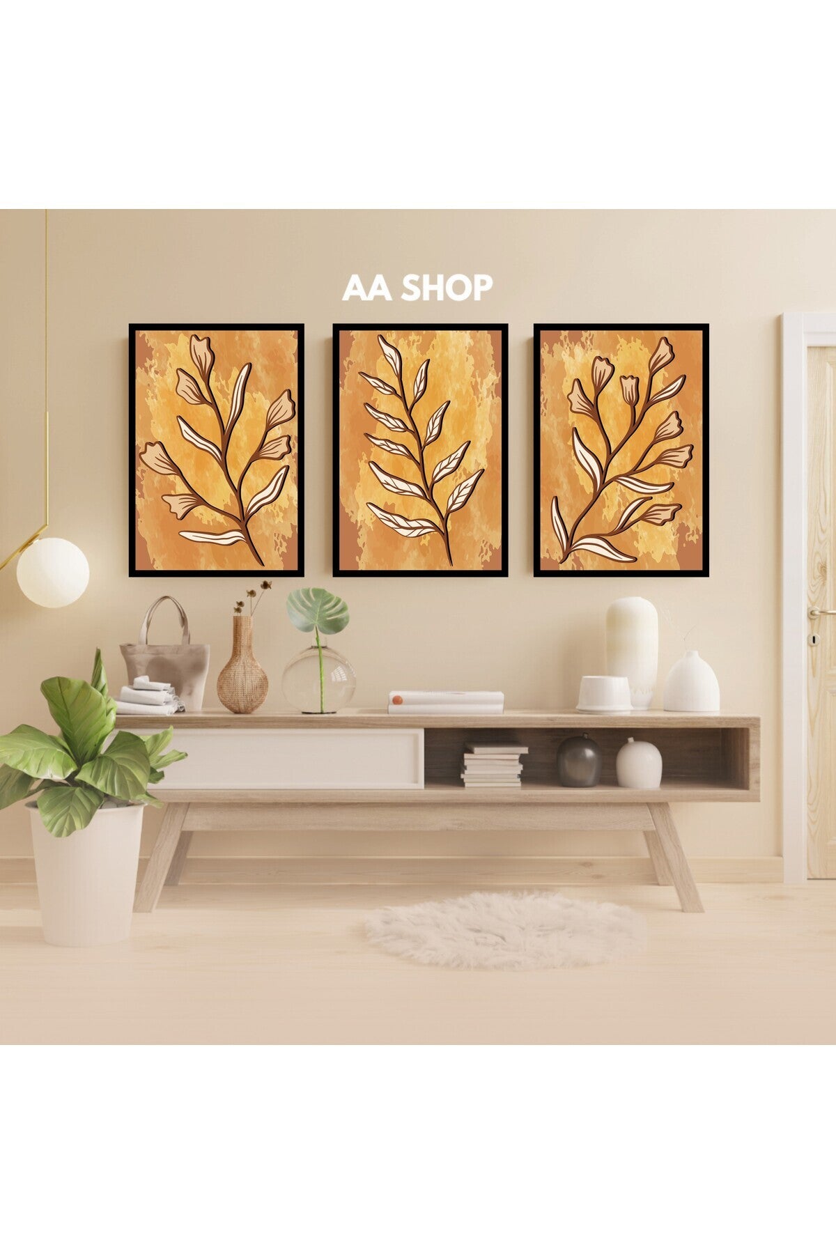 3 Parça Çiçek Yaprak Renkli Solmaz Kaliteli Baskı Çerçeve Görünümlü MDF Tablo Set 79