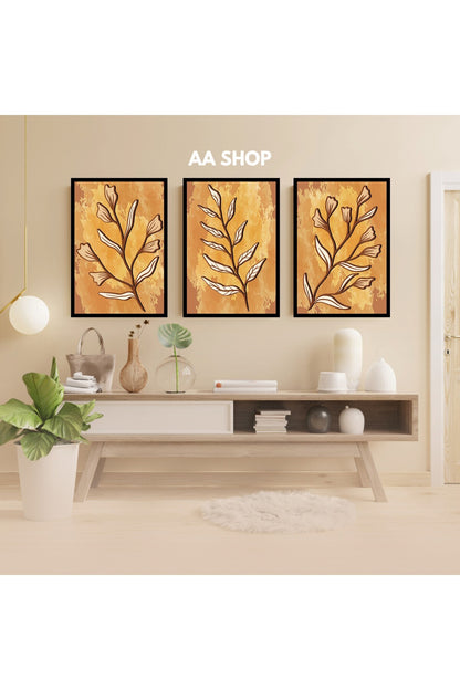 3 Parça Çiçek Yaprak Renkli Solmaz Kaliteli Baskı Çerçeve Görünümlü MDF Tablo Set 79