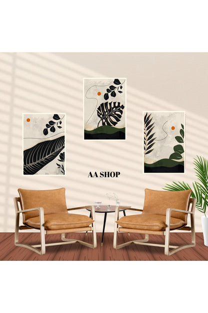 3 Parça Çiçek Yaprak Renkli Solmaz Kaliteli Baskı Çerçeve Görünümlü MDF Tablo Set 18