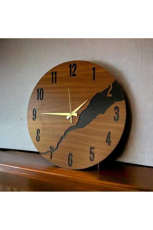Ahşap Siyah Ceviz Mobilya Renk Desenli Hediyelik Sessiz Duvar Saati 50cm